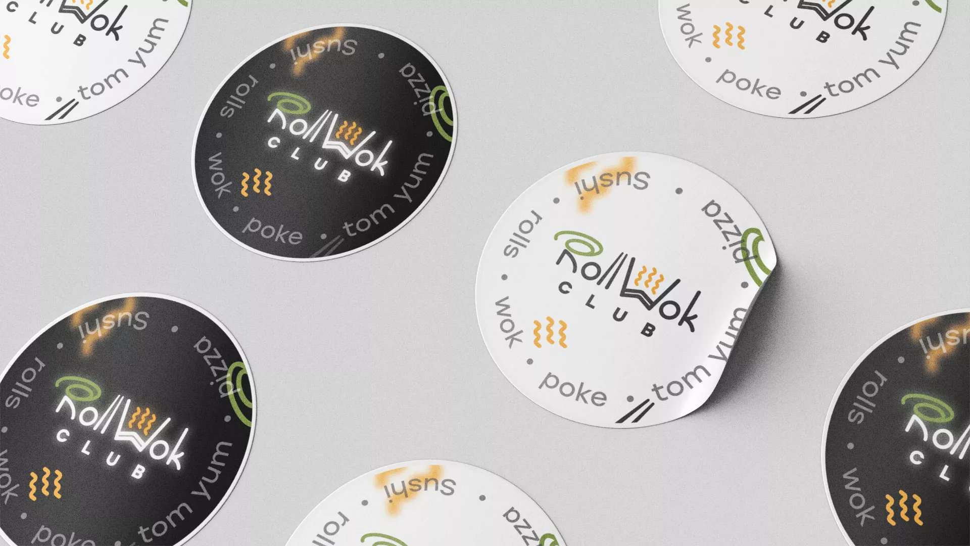 Разработка дизайна наклеек для суши-бара «Roll Wok Club» в Искитиме